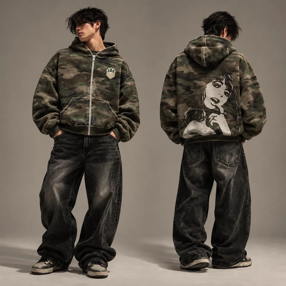 Camouflage zip-up hoodie, front and back on a model
