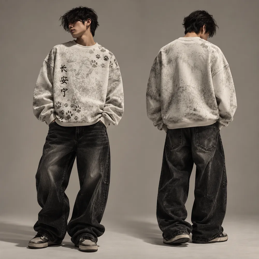 Off-white graphic sweatshirt, front and back on a model